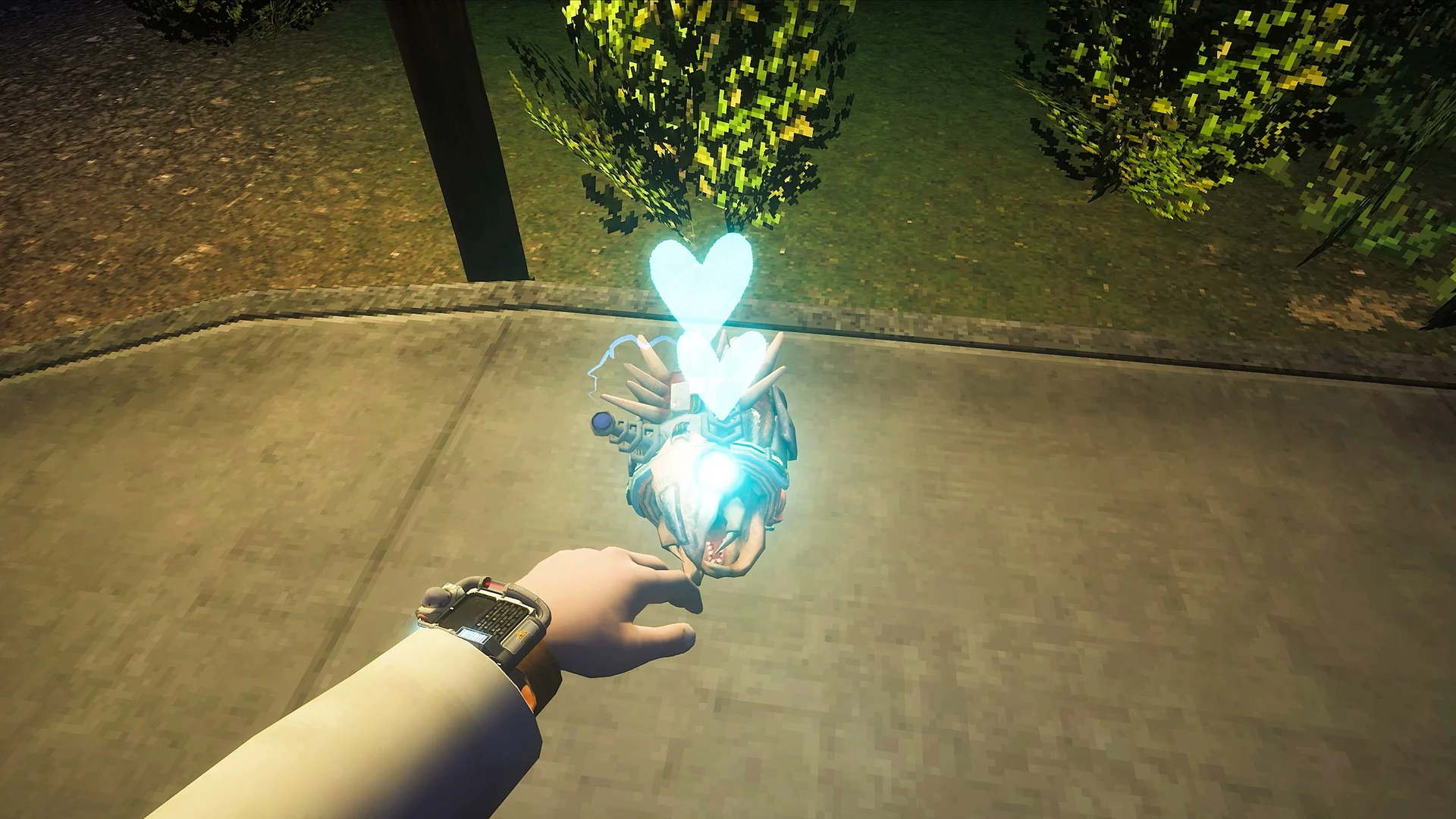 A scientist reaches towards a glowing companion creature with a heart icon above it in Abiotic Factor.