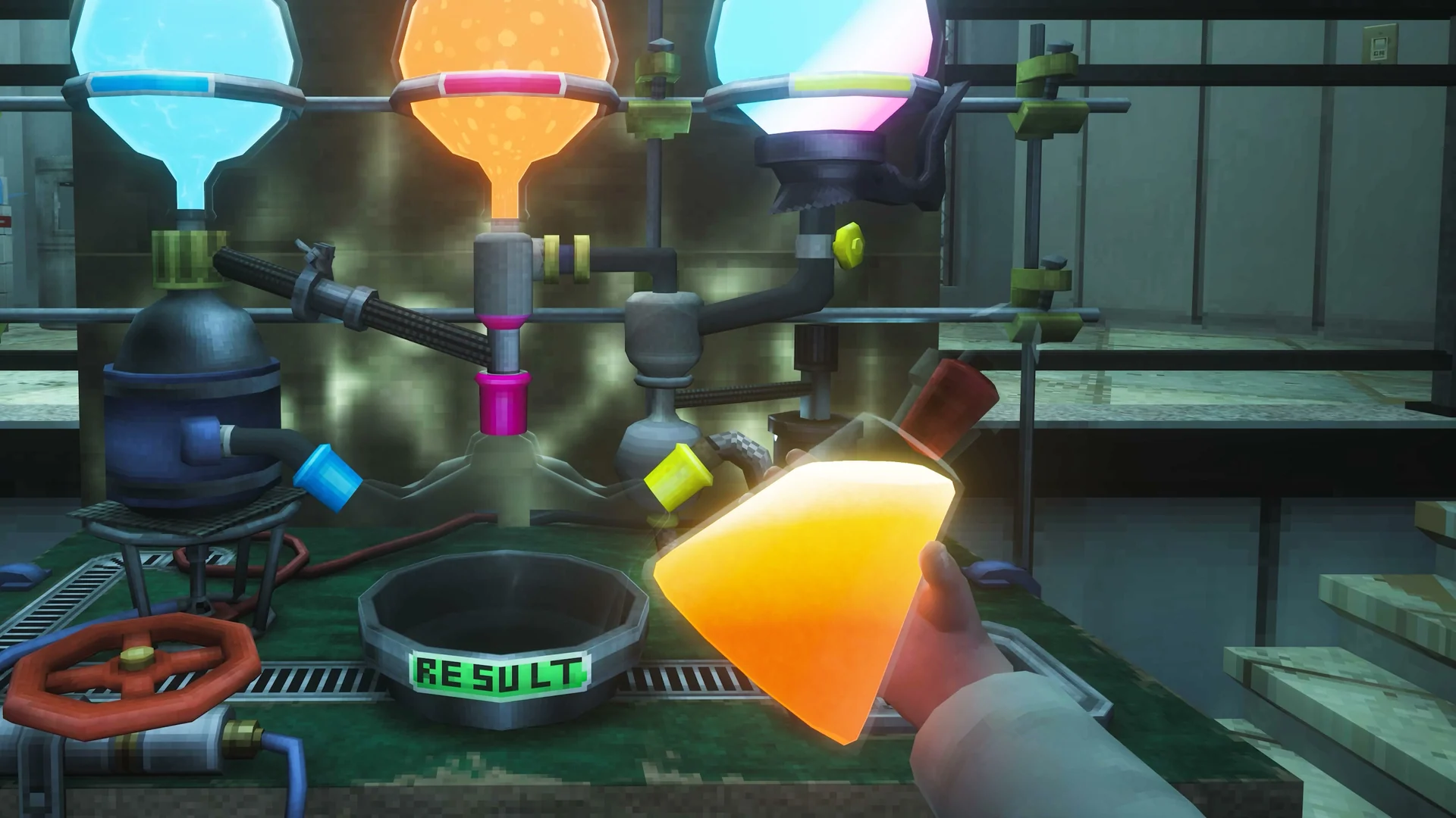 Coloured reservoirs and pipes sit above a result container while a lab-coated character holds an orange bottle.