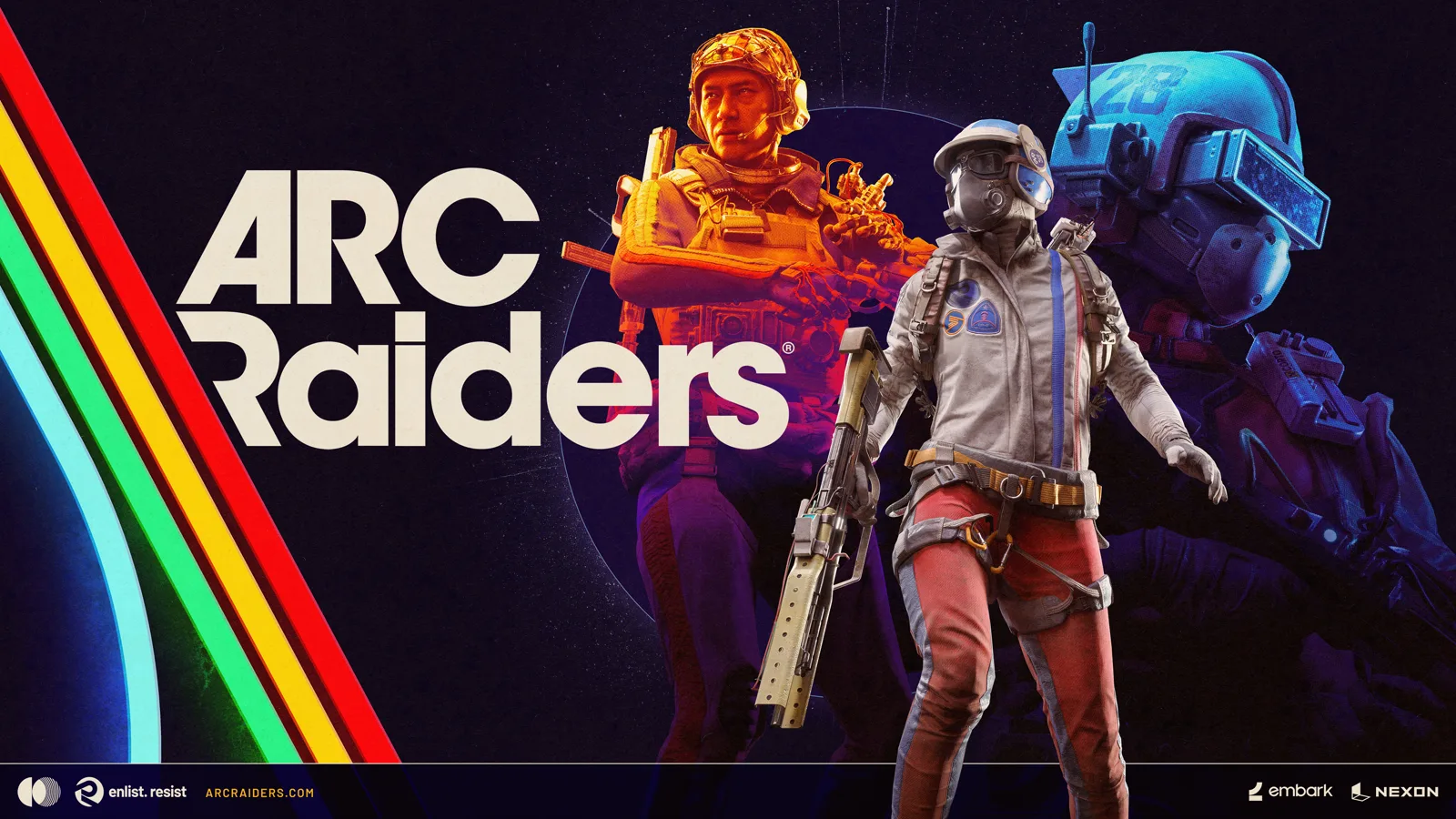 ARC Raiders promotional artwork with three equipped Raiders and the game title.