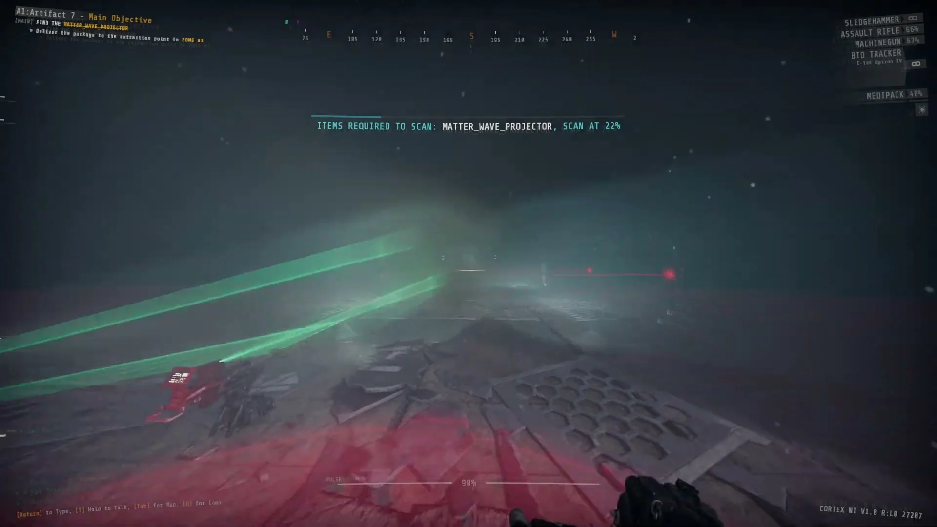 Coloured lines cut across a hazy room during a security scan in GTFO.