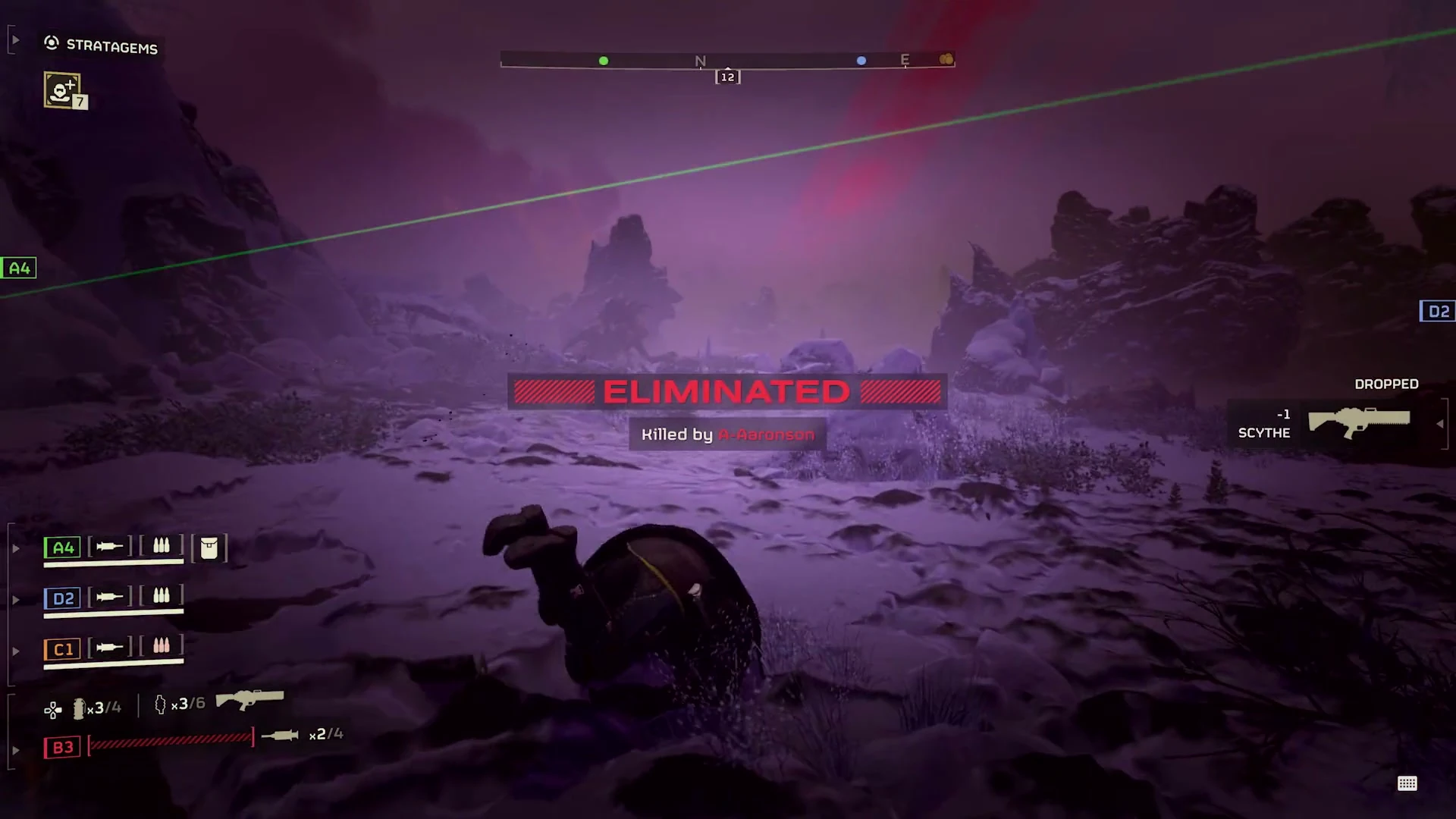 A HELLDIVERS 2 elimination screen names A-Aaronson as the killer while the squad roster remains visible.