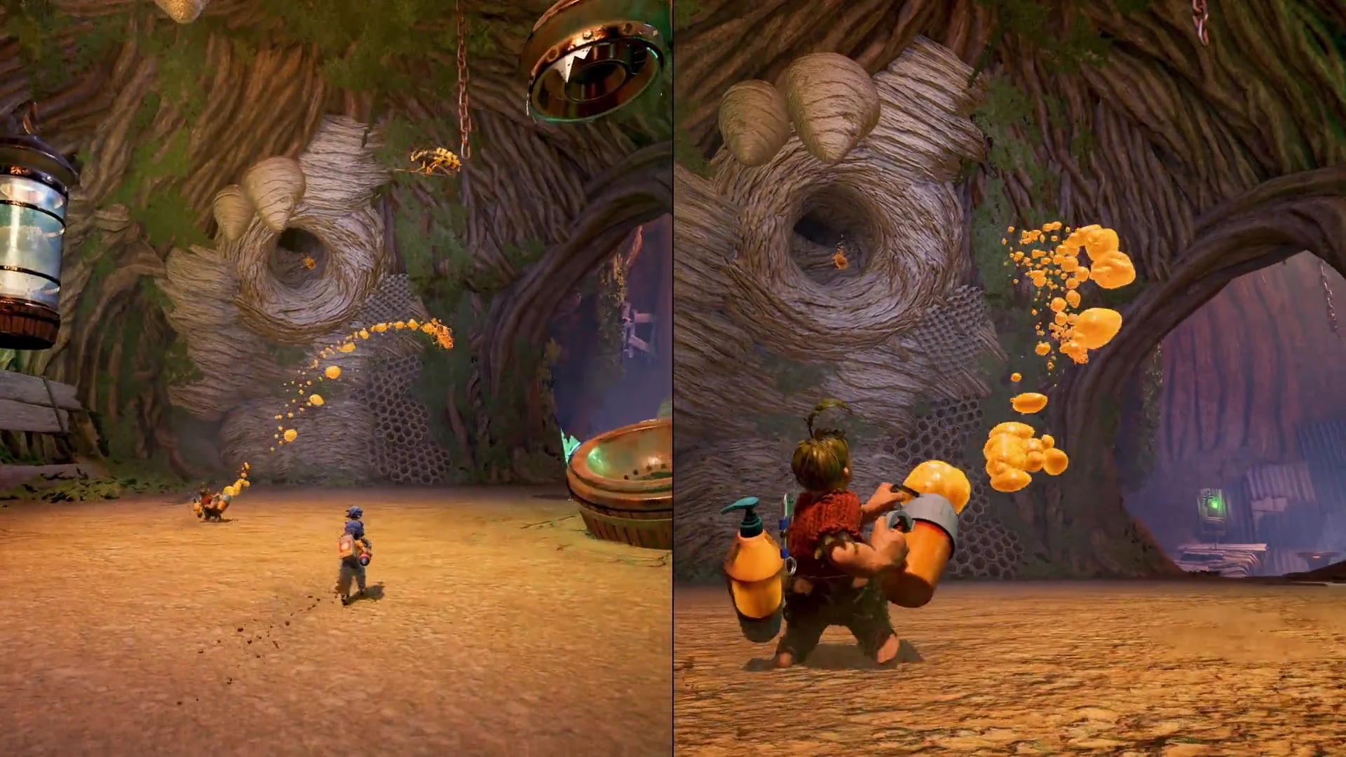 May watches Cody fire a stream of yellow sap towards a hollow in a tree; Cody’s camera shows the same action from behind his launcher.