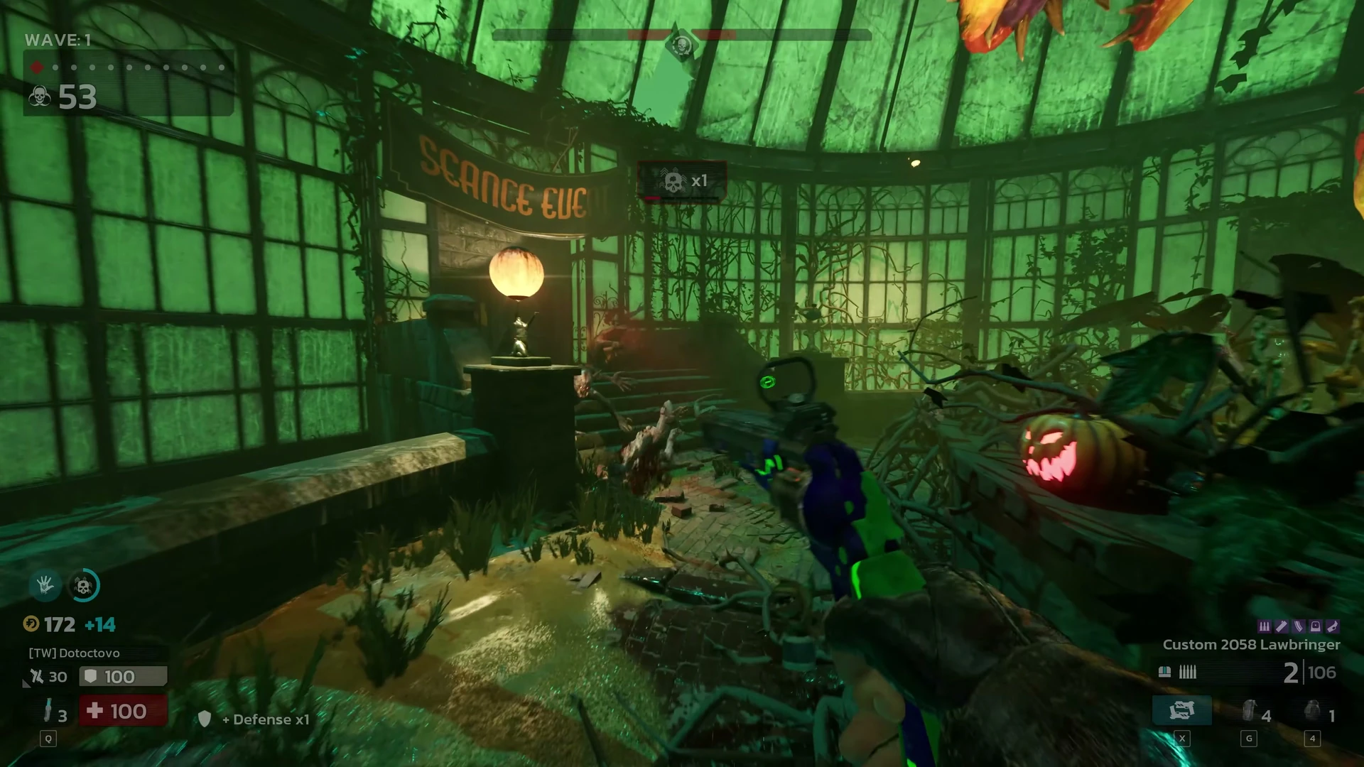 Green glass and balconies surround a fight inside Killing Floor 3’s Ghastly Getaway hotel.