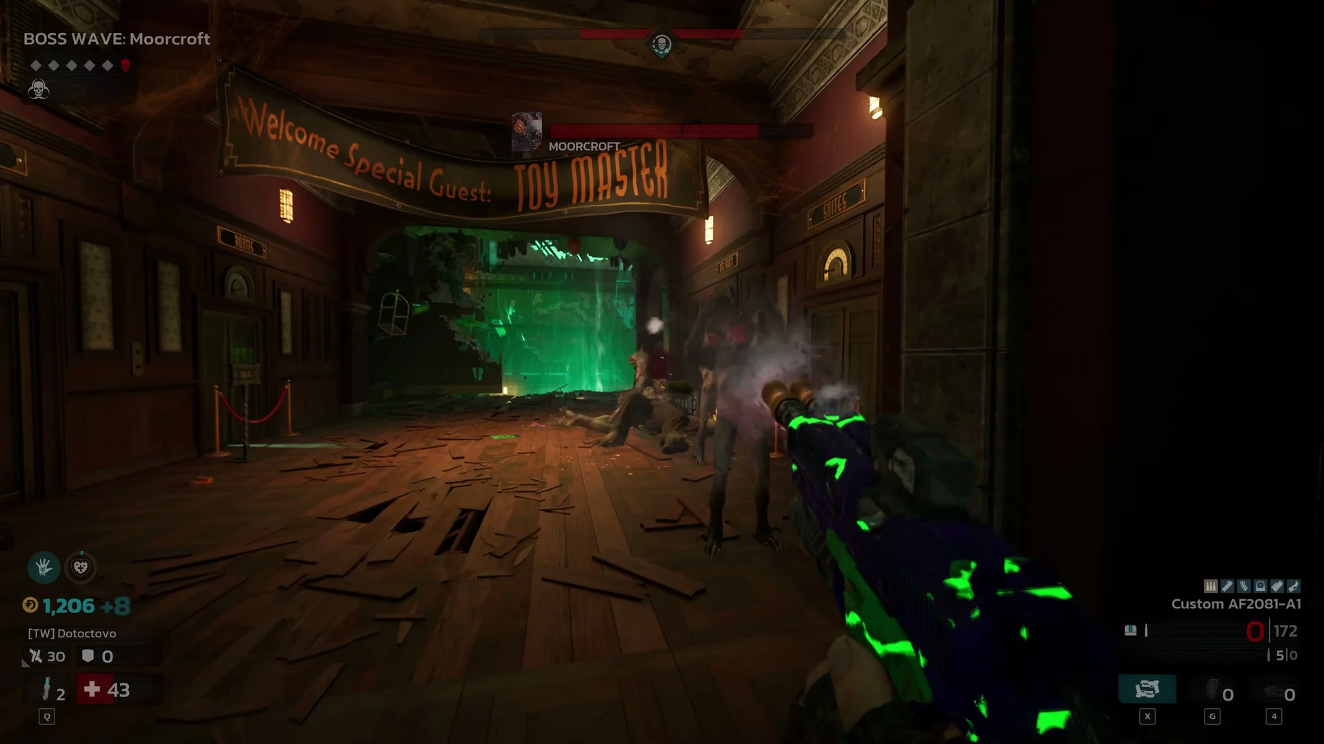 Green light fills the far doorway in Killing Floor 3’s Ghastly Getaway boss encounter.