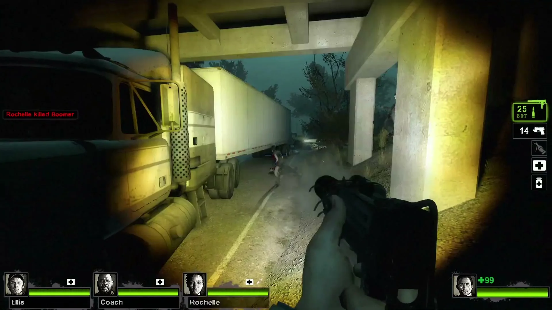 A survivor aims through a motel doorway in Left 4 Dead 2’s Dark Carnival campaign.