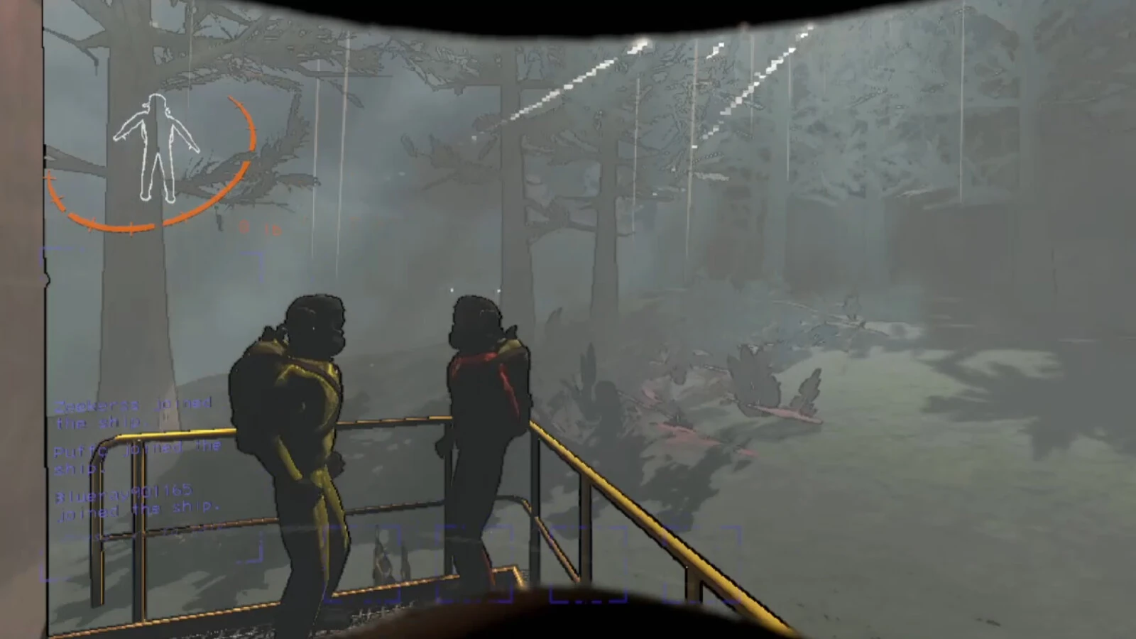 Two suited Lethal Company workers stand on a yellow-railed platform looking across a misty industrial forest.