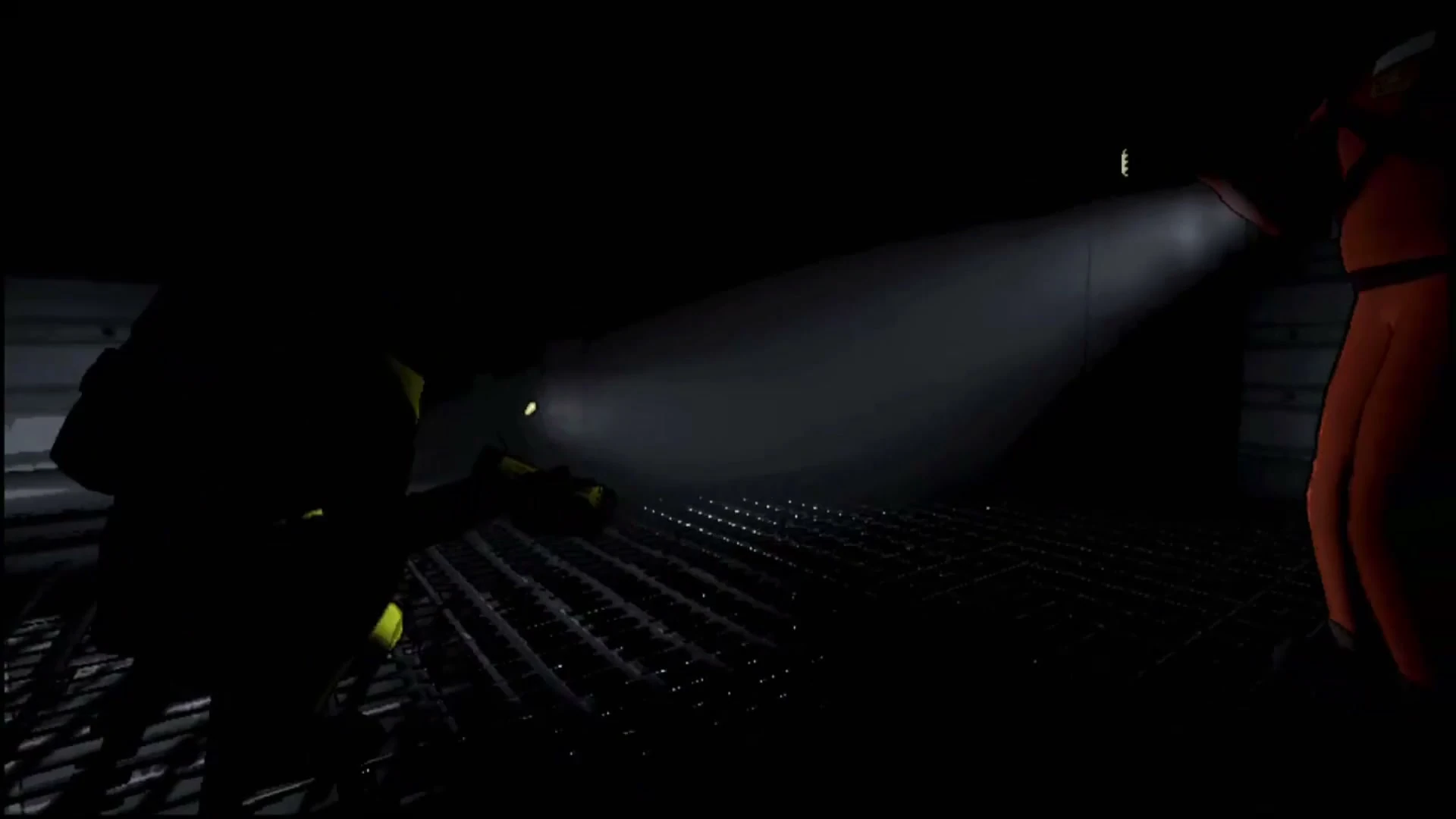 Two suited workers illuminate small parts of a dark metal room with flashlights in Lethal Company’s original trailer.