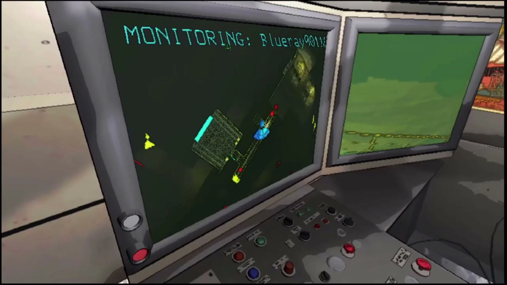 A ship monitor displays a named crewmate and coloured markers along the rooms of a facility in Lethal Company.