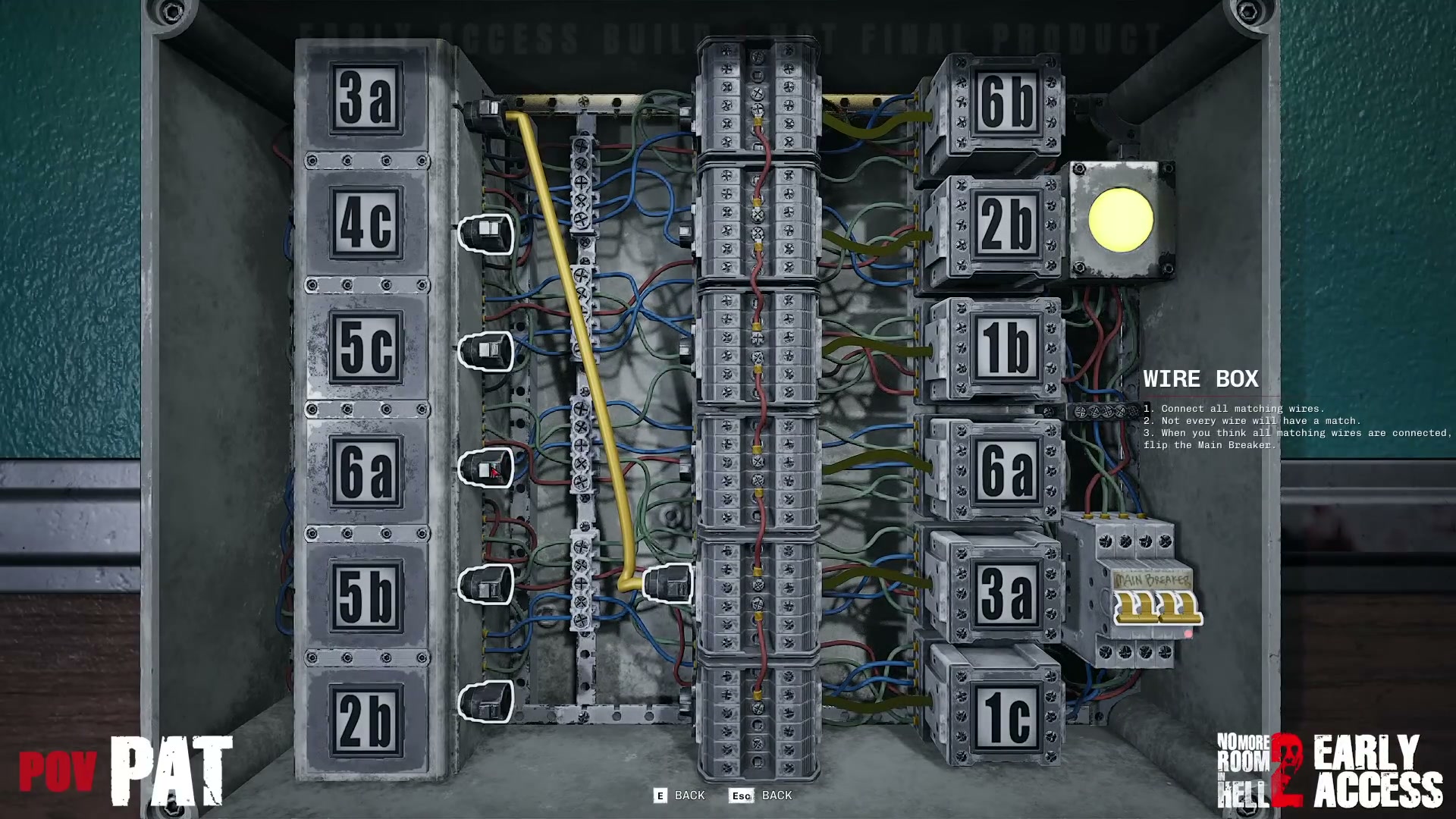 The repair panel fills Pat’s view in a No More Room in Hell 2 developer playtest, with numbered wire connections and a lit yellow indicator.