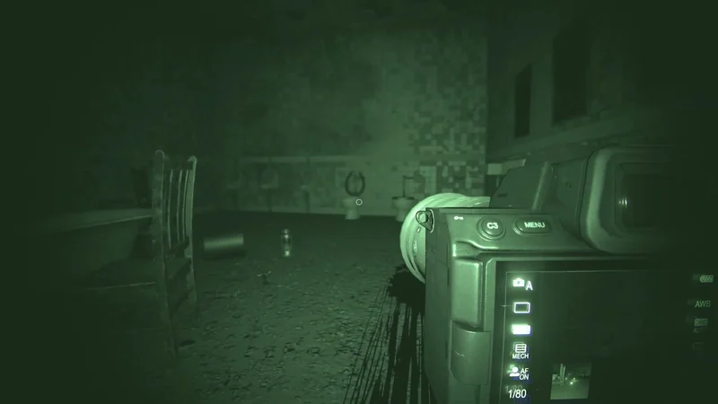 Night-vision equipment reveals a dark interior in Phasmophobia.