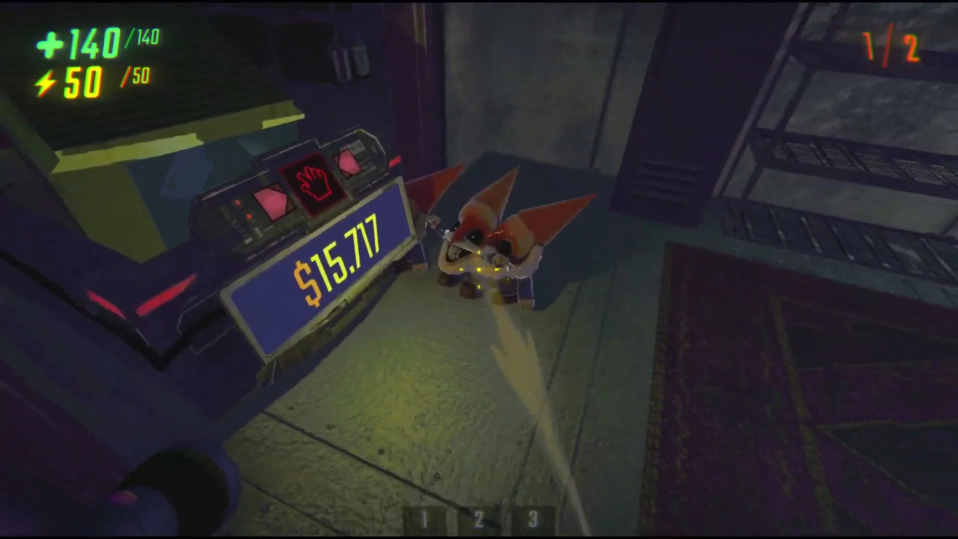 A small gnome stands beside a loaded valuables cart in R.E.P.O.