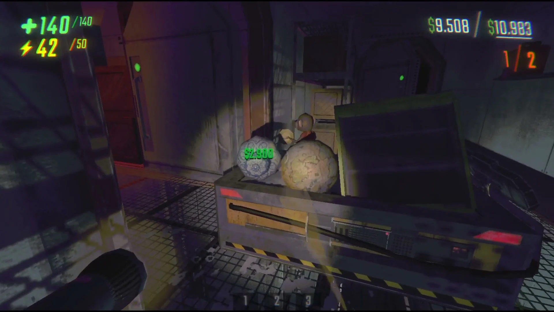 Tall valuables protrude above a loaded cart inside R.E.P.O.’s dark building.
