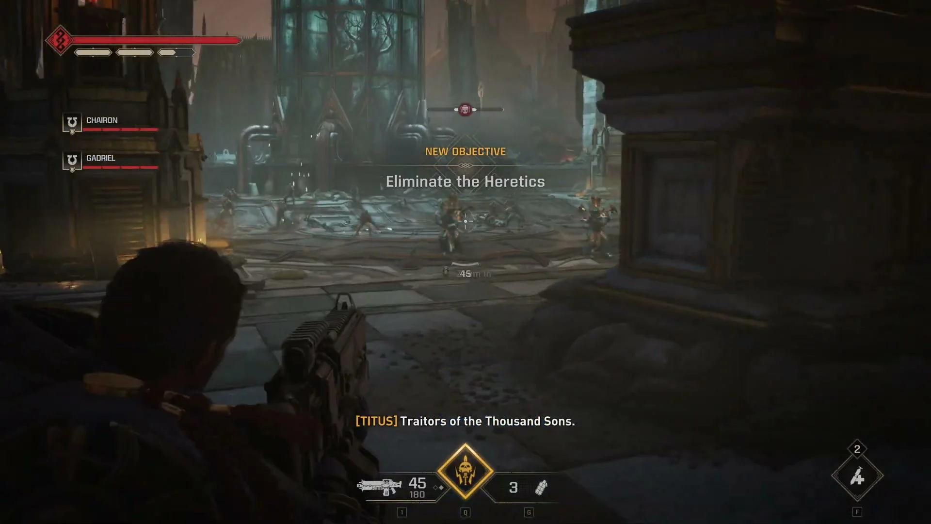 Titus aims between large pillars into a courtyard during Space Marine 2’s campaign.