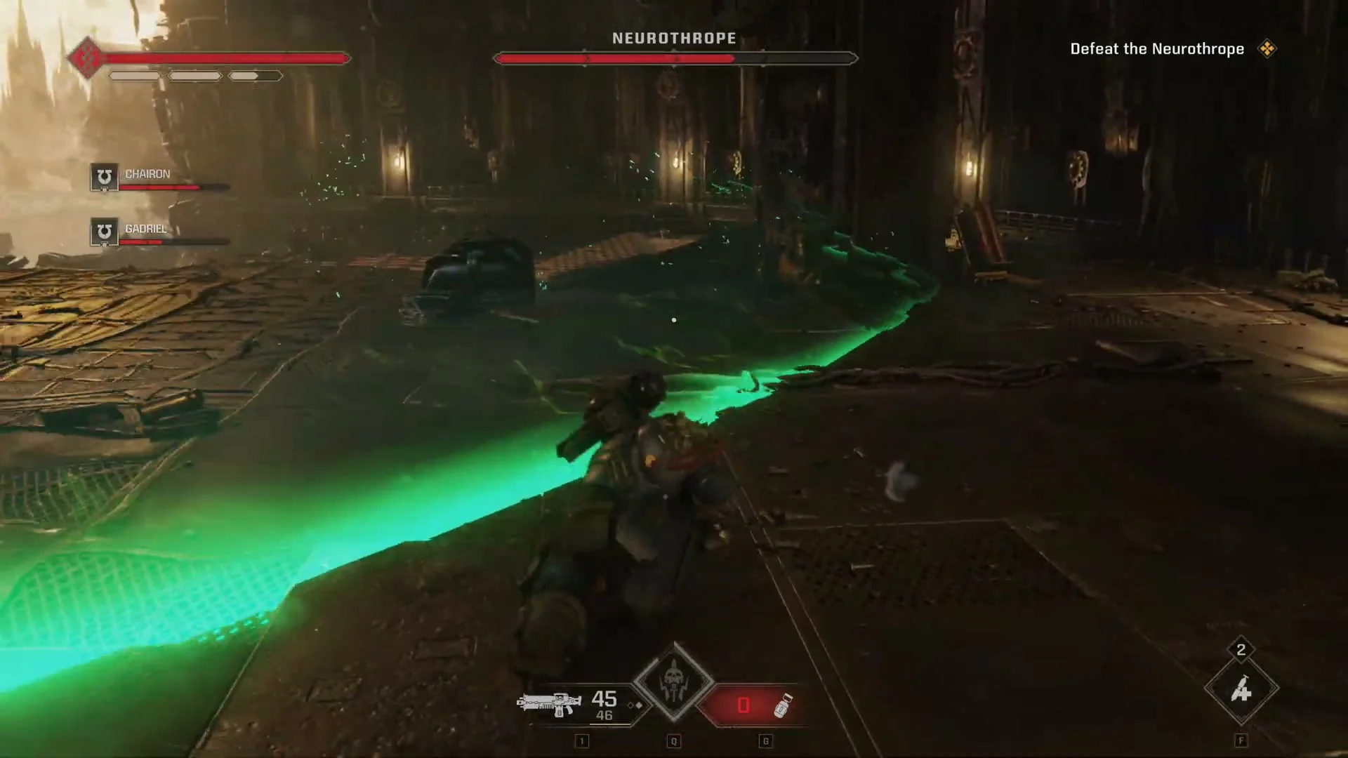 A green wave crosses the Neurothrope arena beside Titus in Space Marine 2.