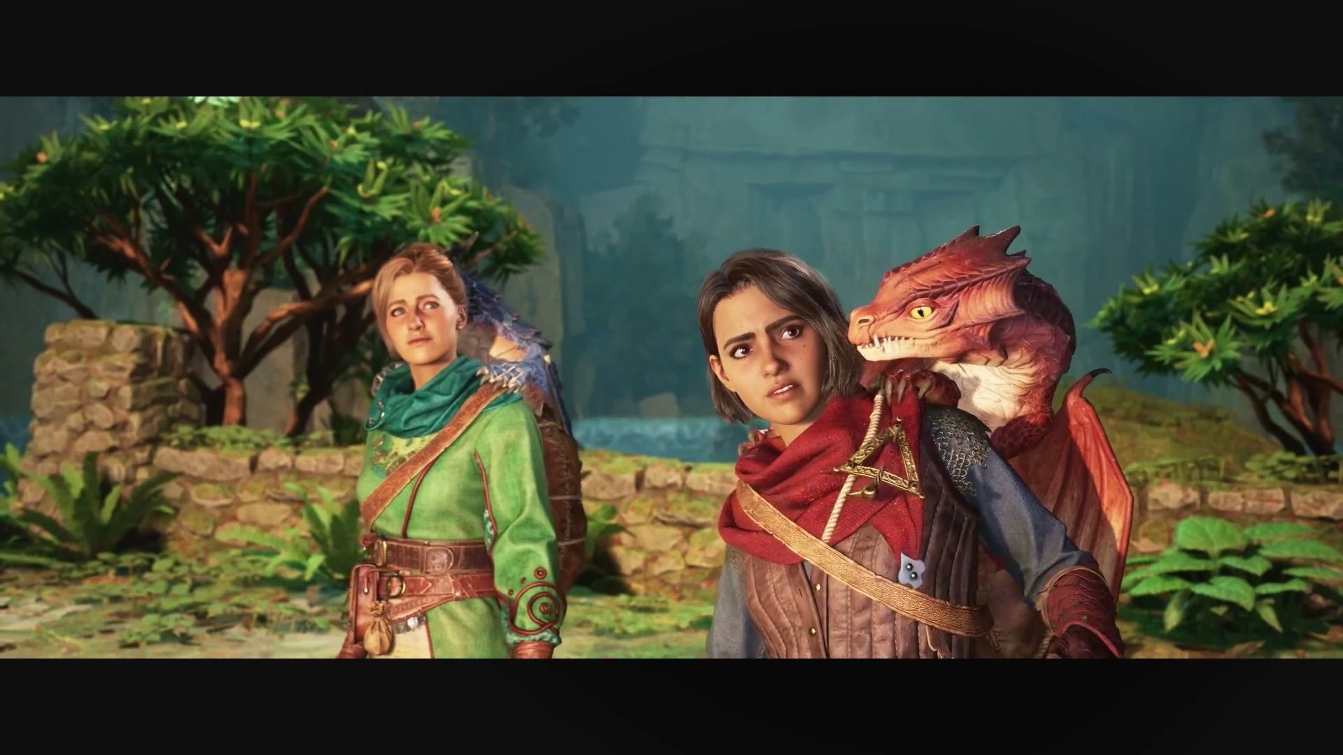 An official Split Fiction cinematic shows the two protagonists with small dragons on their shoulders.