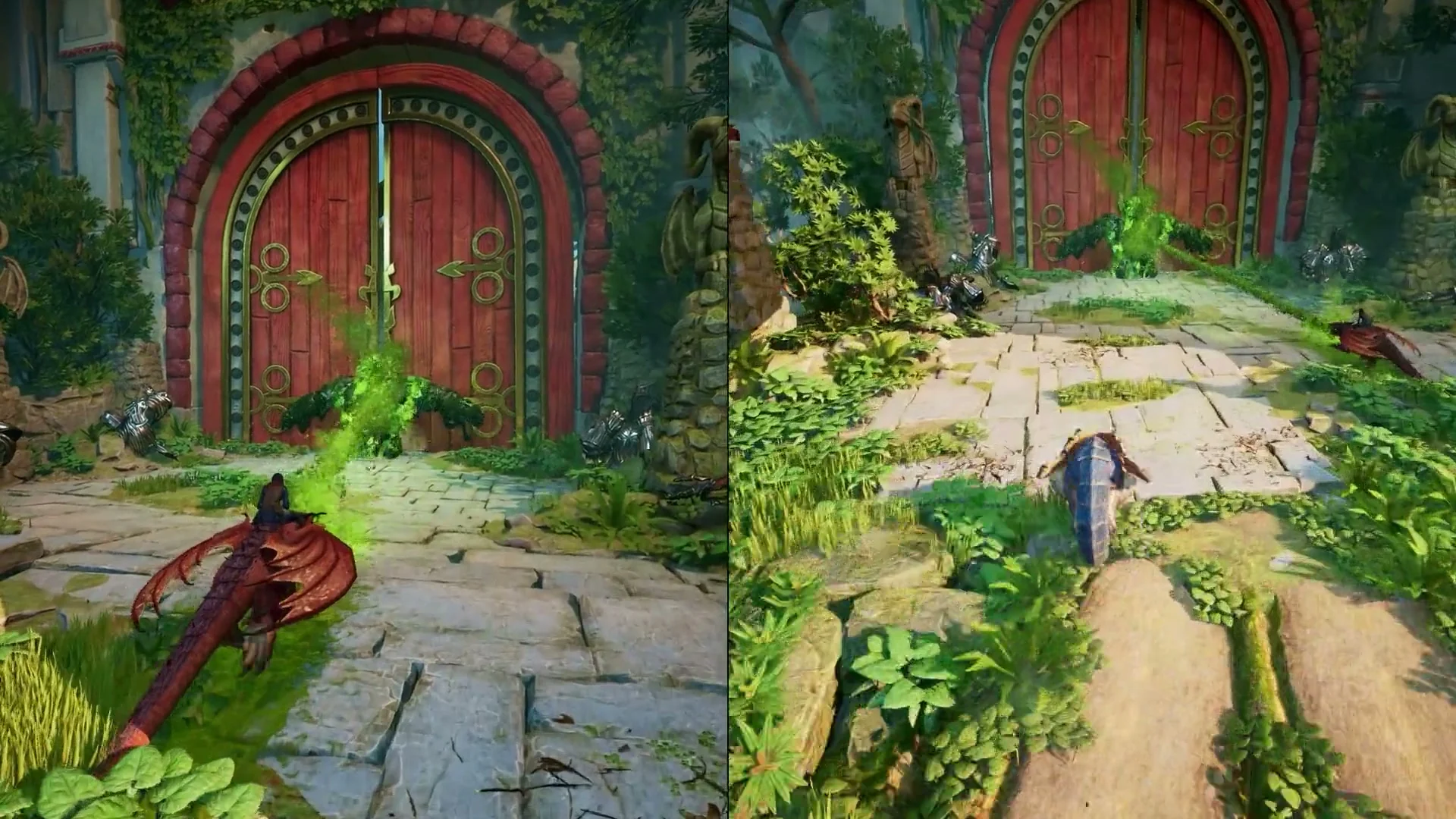 Side-by-side gameplay views show two dragon riders approaching the same large red doorway from different positions.