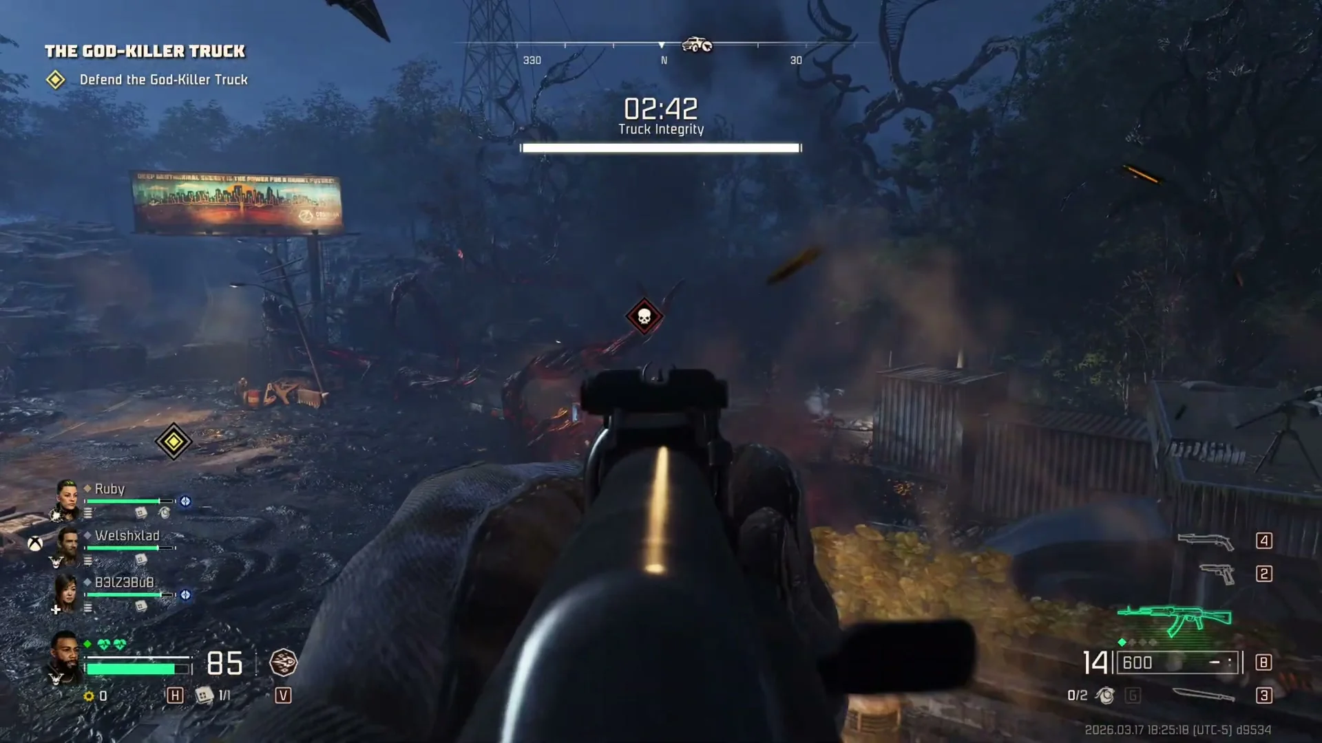 A survivor aims from above the roadside while the truck defence timer runs in Toxic Commando.