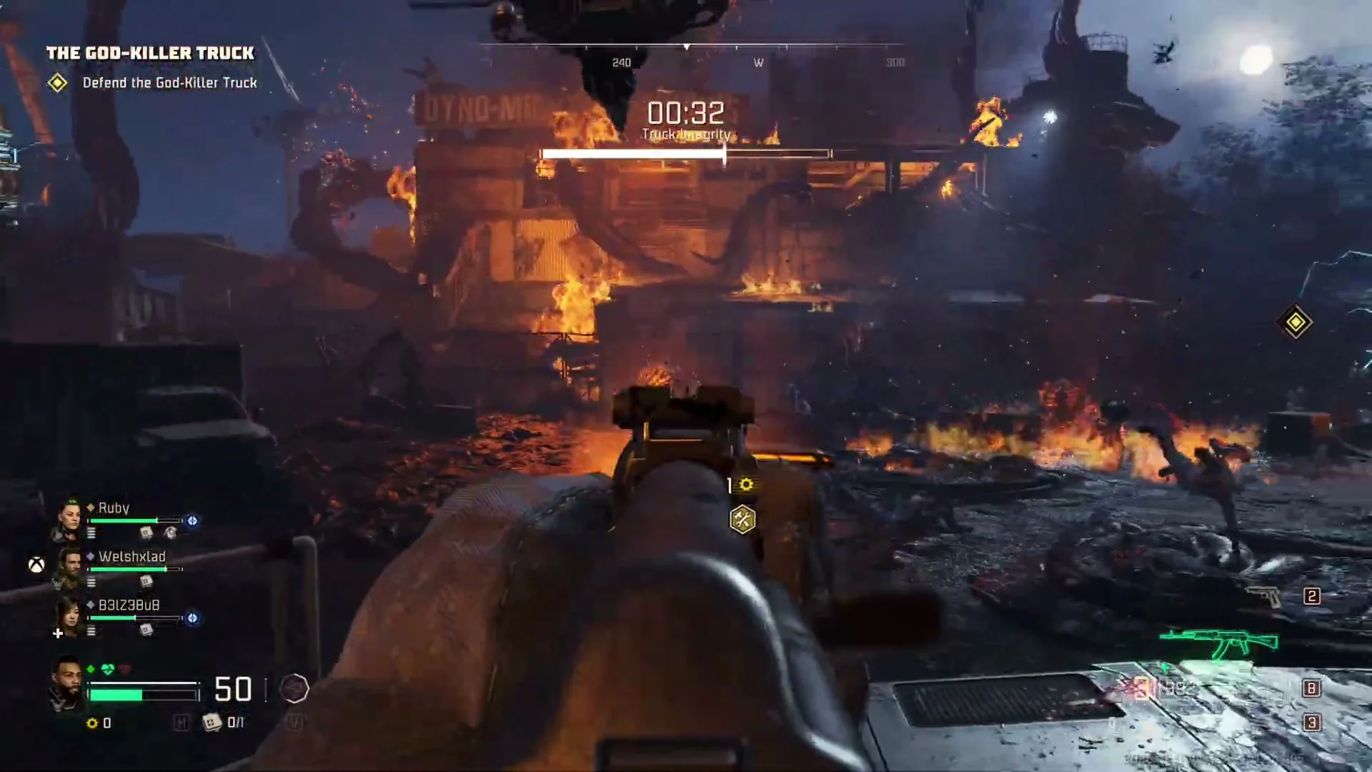 The recovered survivor aims down a rifle across a burning road. A 32-second countdown and the truck integrity bar remain above the fight.