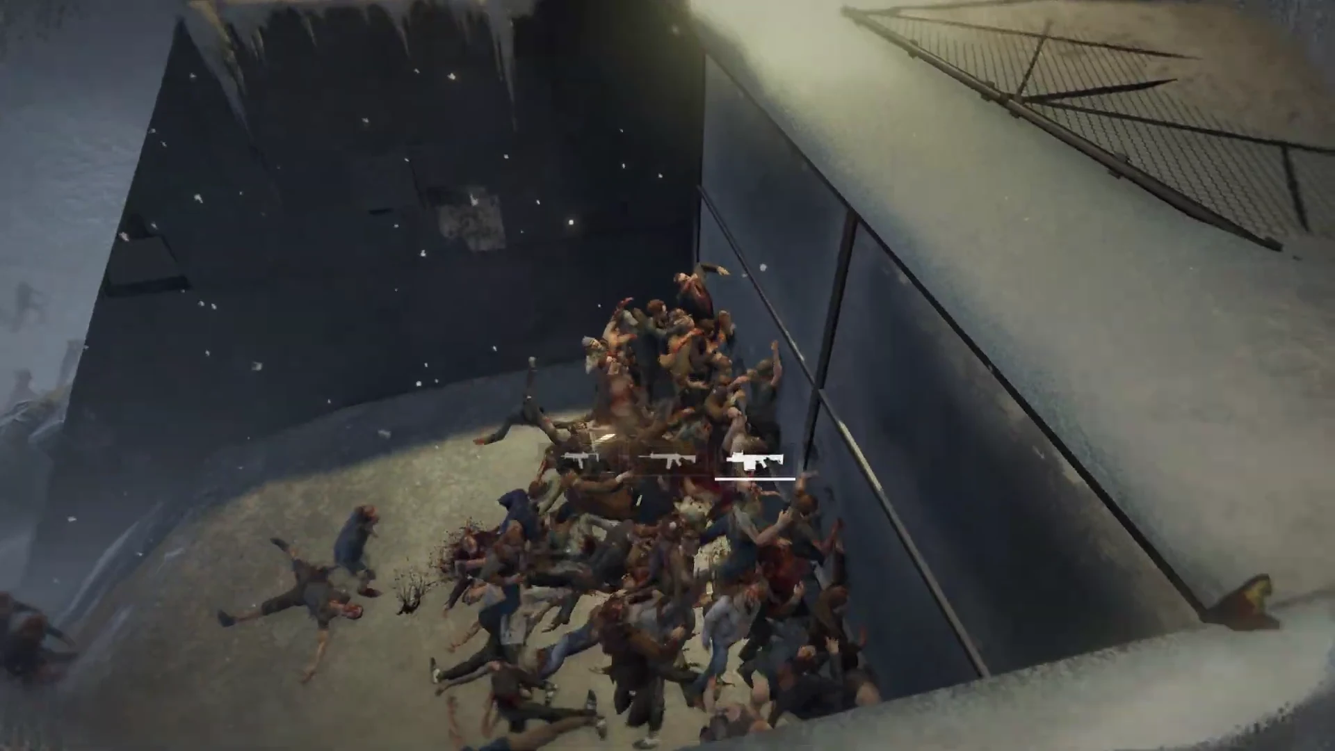 Infected pile against a building’s wall below the player’s ledge in World War Z.