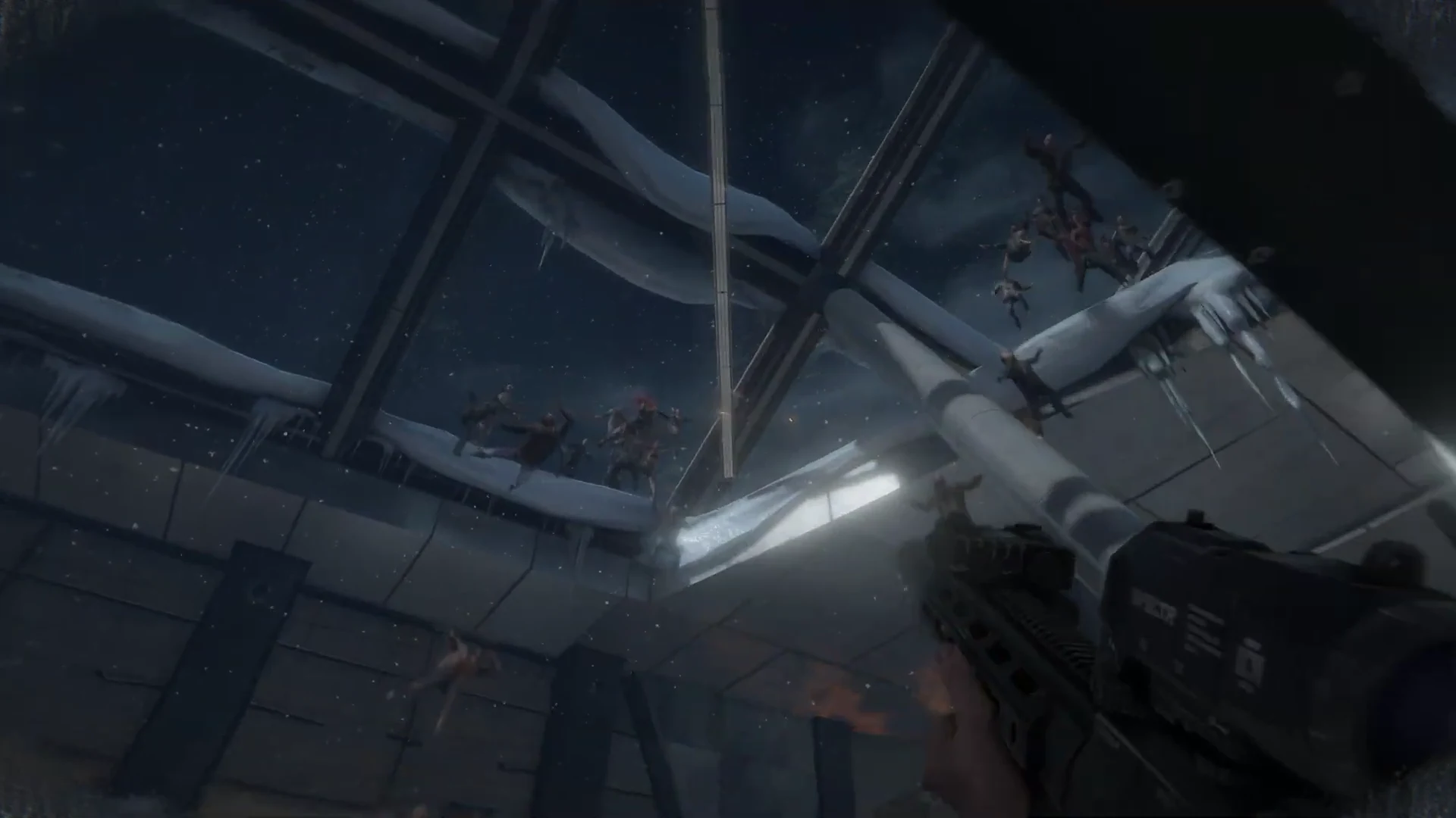 Infected occupy snow-covered roof beams and drop into the interior while the player aims upwards with a rifle.